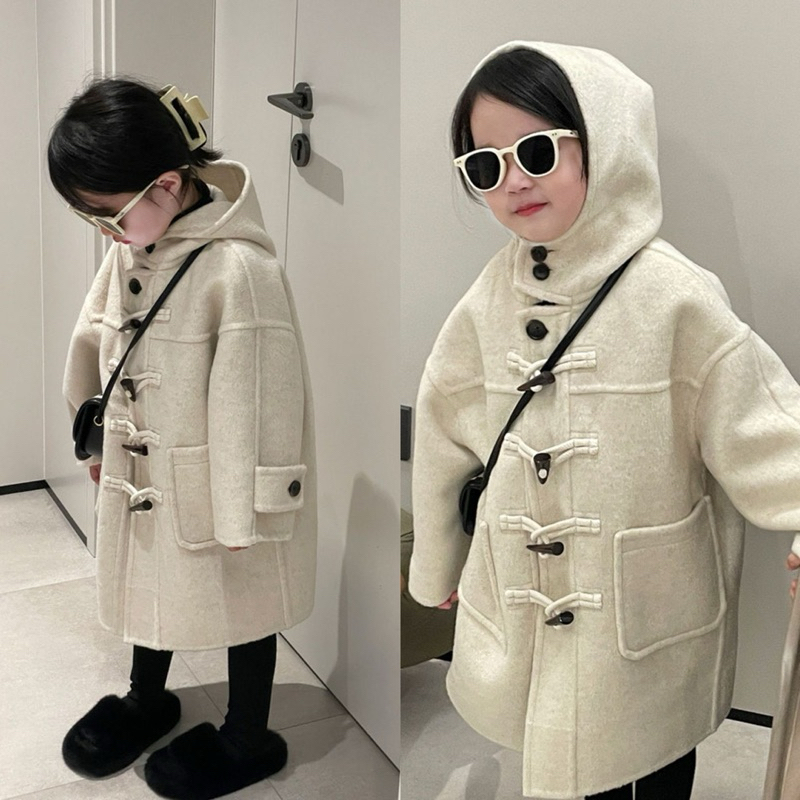 128 Shell Button Wool Coat Jacket Coat Kids Girl Korean Import Fashion Autumn & Winter Spring Outfit