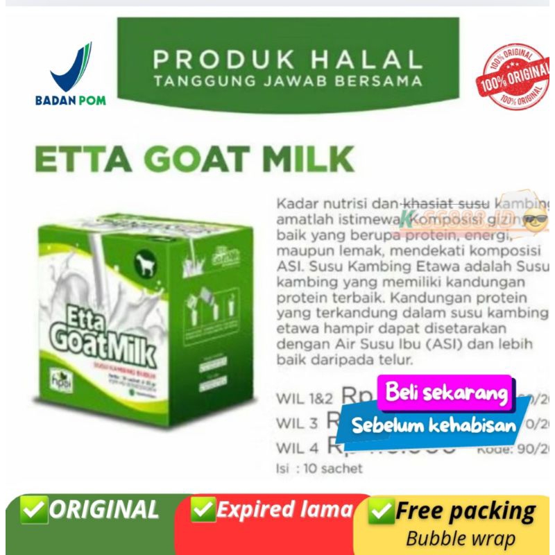 

Etta goat milk HNI 10 sachet 250 gr | susu kambing HNI | ettawa bubuk original berkahsiat [Ready] [cod] [bpom]