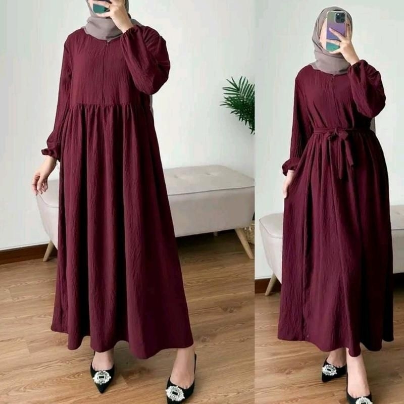 Bavina Midi Dress Pakaian Wanita Bahan Crinkle Airflow / New Arrival Midi Dres Crinkle / Gamis Remaj