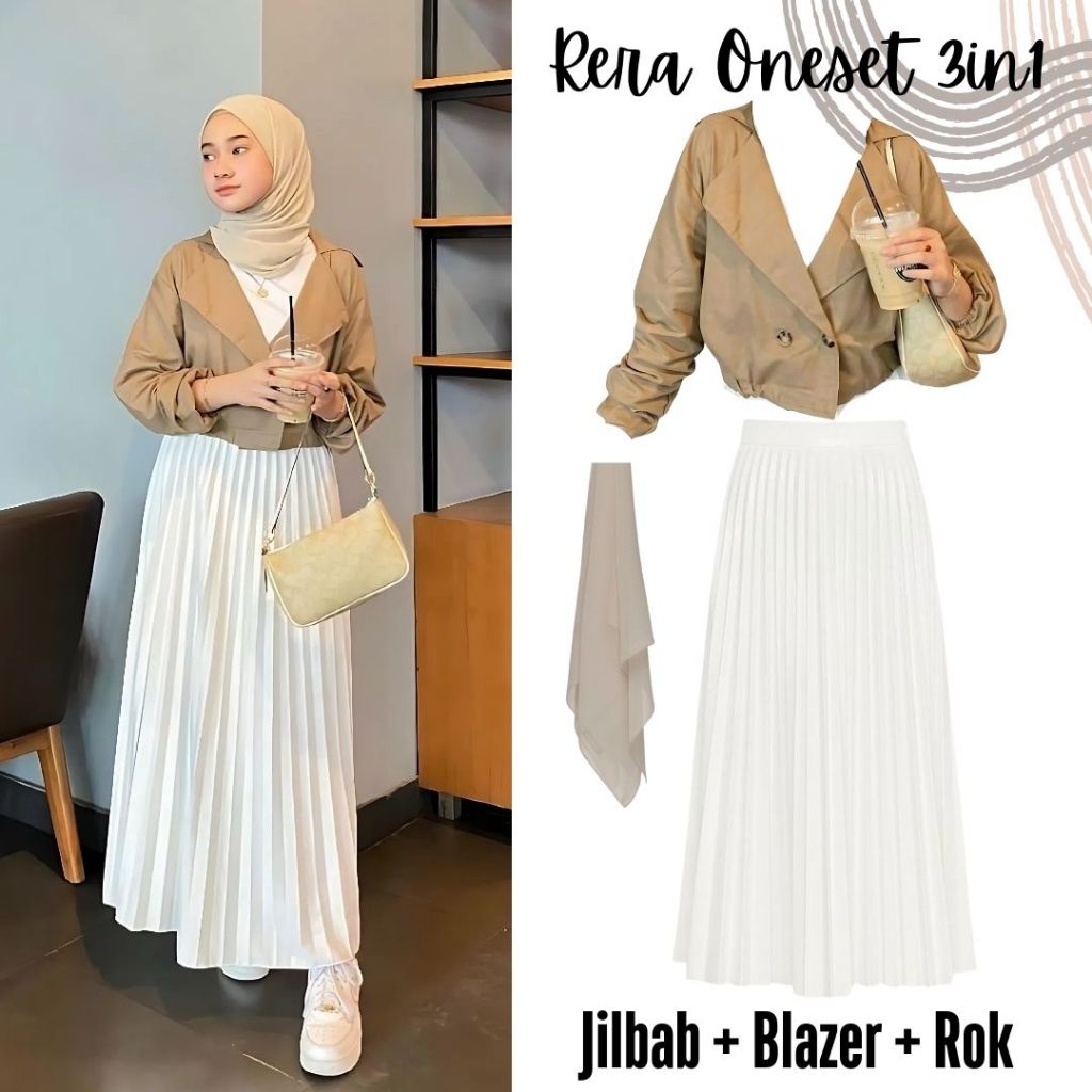 Oneset 3in1 balzer coklat rok plisket putih jilbab bella square | ootd outfit main hangout kuliah ke