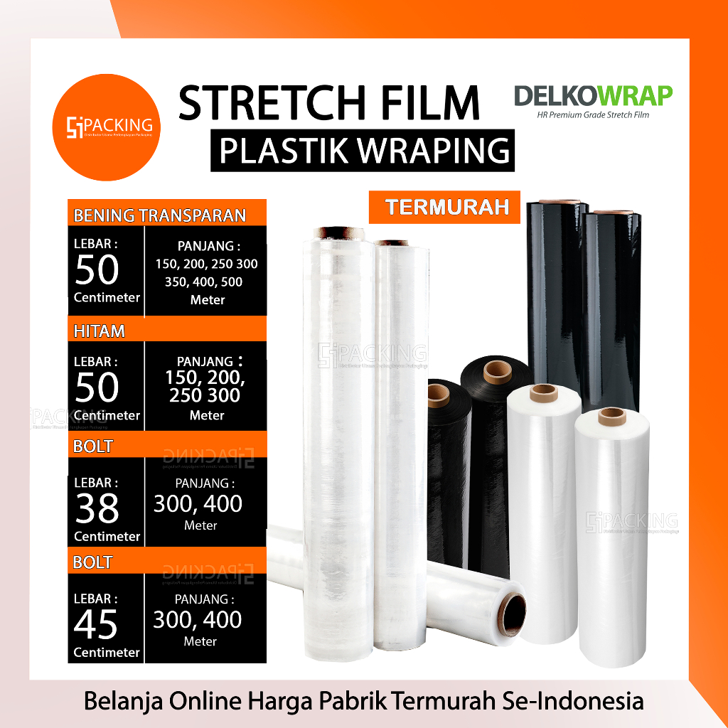 Plastik Wrapping Stretch Film Wrap Bening Transparan Hitam 50cm 45cm 38cm Pembungkus Delkowrap