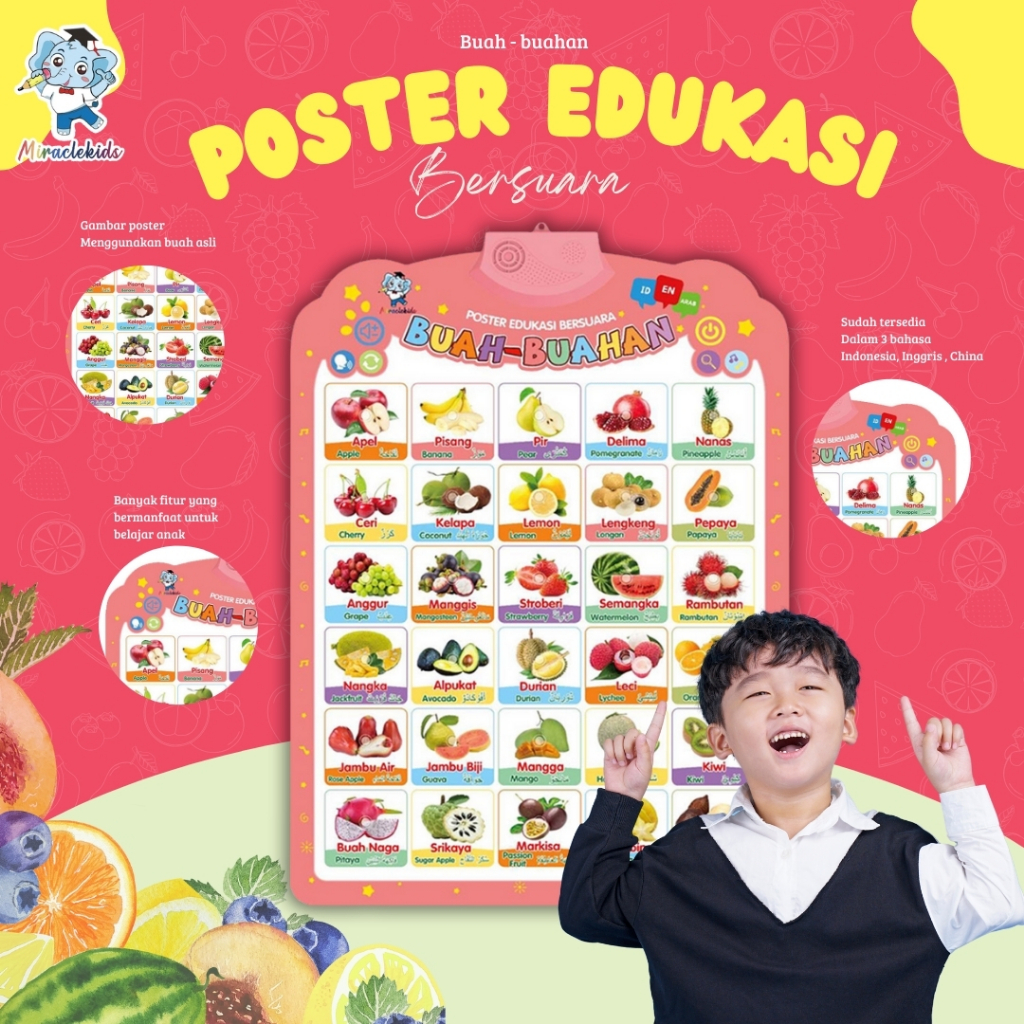 Poster Edukasi bersuara Buah buahan untuk Anak TK/SD/PAUD 3 bahasa indonesia inggris arab