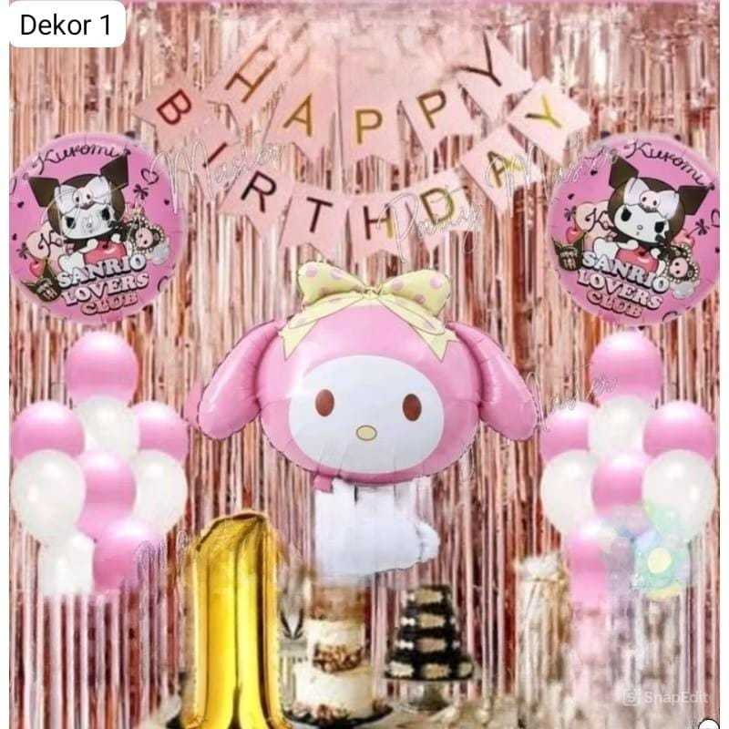 Set dekorasi ulang tahun anak perempuan tema melody sanrio kuromi