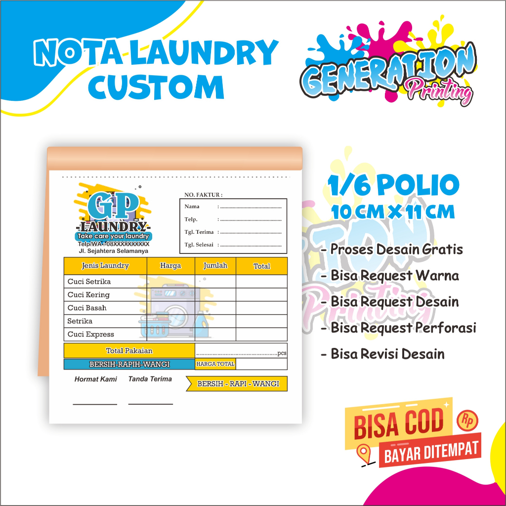 

NOTA BON LAUNDRY CUSTOM BISA PILIH DESAIN DAN WARNA GENERATION PRINTING UKURAN 1/6 FOLIO 50 LEMBAR