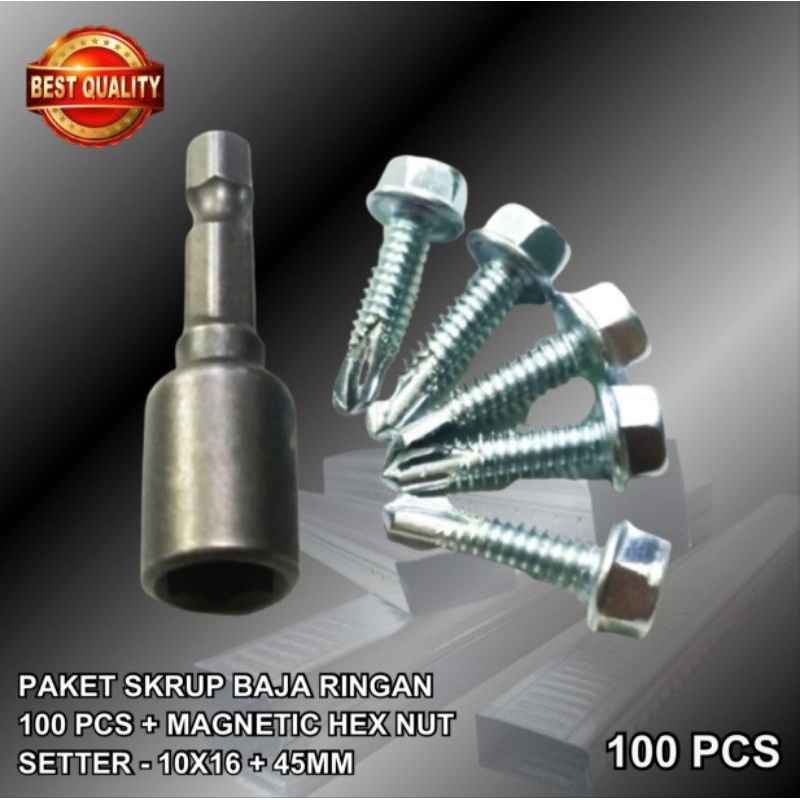 Paket Sekrup Baja Ringan/Roofing 10x16 100pcs + Mata Roofing 45mm