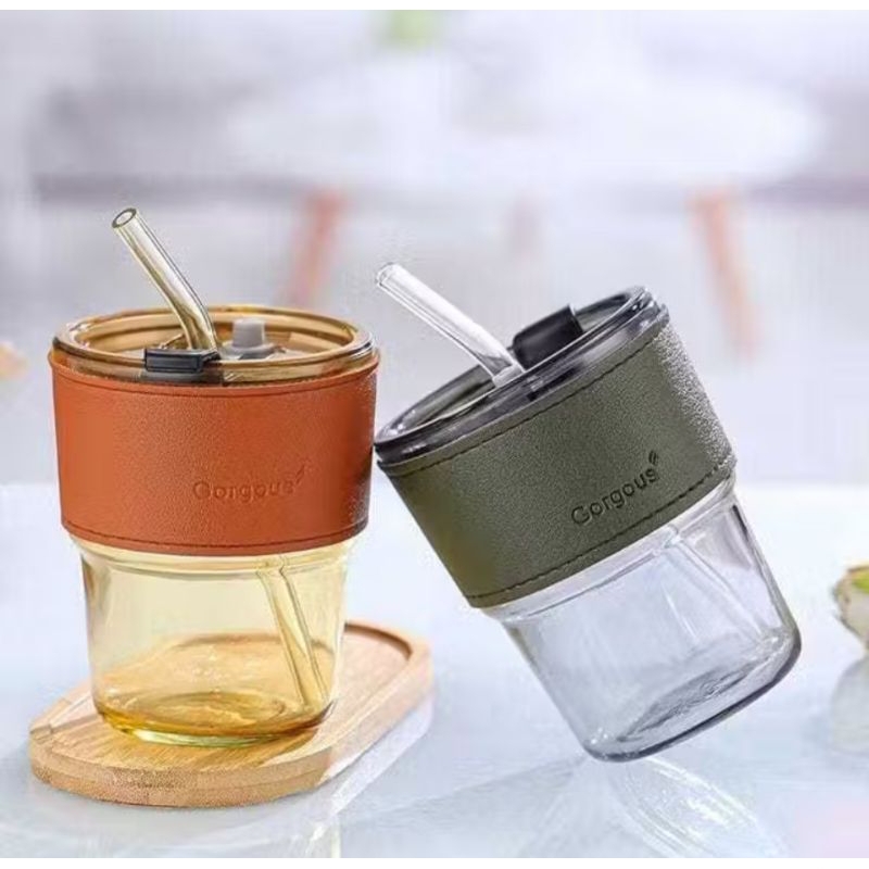 B ( B117 ) GELAS MINUM KACA AESTETIC LUCU KAPASITAS 350 ML DENGAN SEDOTAN KACA