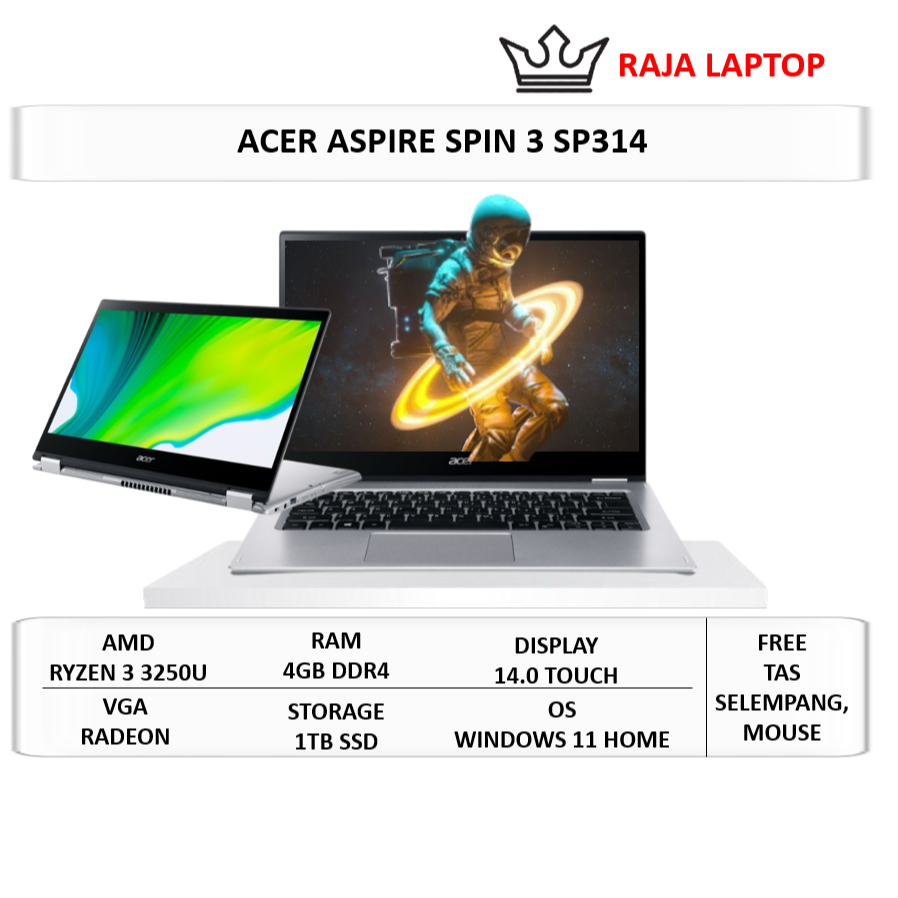 Laptop Acer Aspire Spin 3 SP314 2in1 Ryzen 3 3250U 4GB 1TB SSD 14" Touchscreen Windows 11