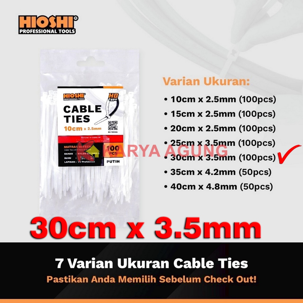

Cable Ties HIOSHI 30cm x 3.5mm Nylon HCT004E / Kabel Tali Tis 30 cm Panjang 300 x 3,5 mm / Segel Pengikat Klip Kabel / Cable Tie