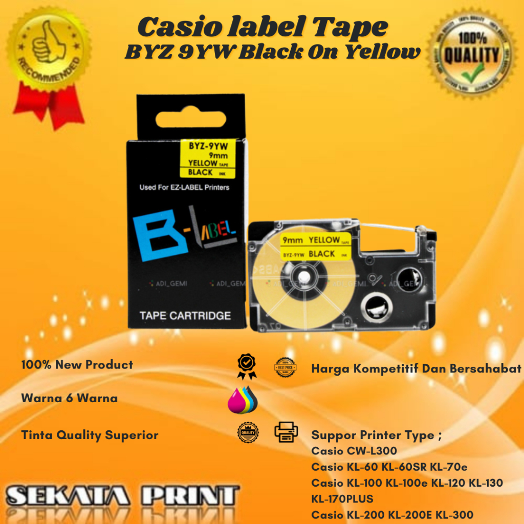 

Sekata Print Compatible Casio Label Tape BYZ-9YW Black On Yellow - KL-60