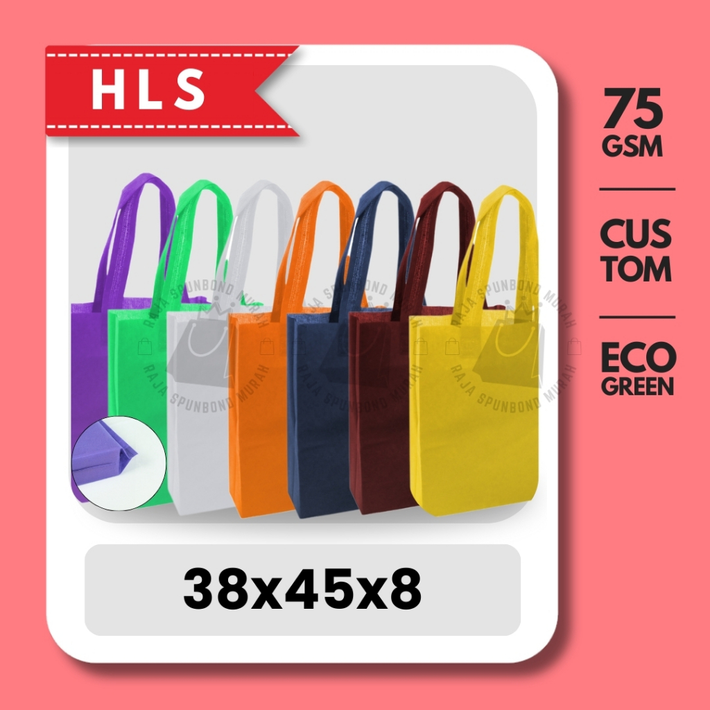 

HLS CUSTOM 75GSM Tas Spunbond Goodie Bag Laken Handle Ukuran 38x45x8 CM Tebal