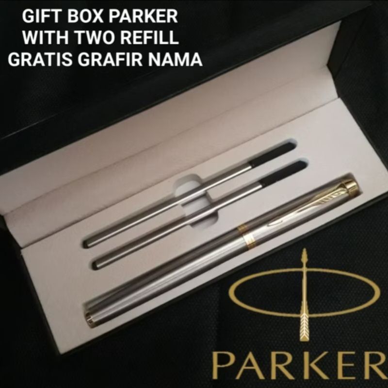 

Bolpoint Mewah Roller Ball Pen Parker Pristine Stainles Gold Clip With Two Refill + Box Parker Exclusive