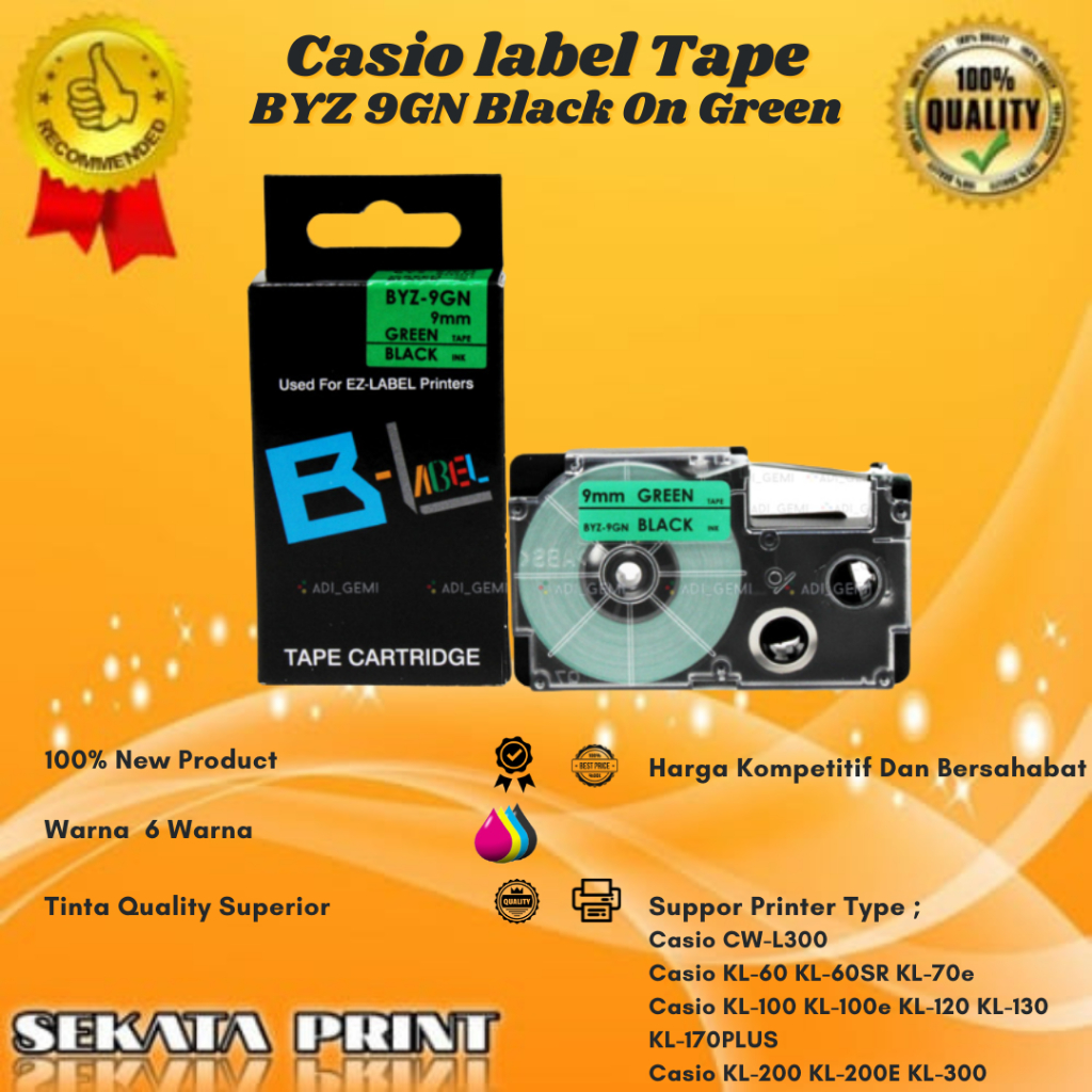 

Sekata Print Compatible Casio Label Tape BYZ-9GN Black On Green - KL-60