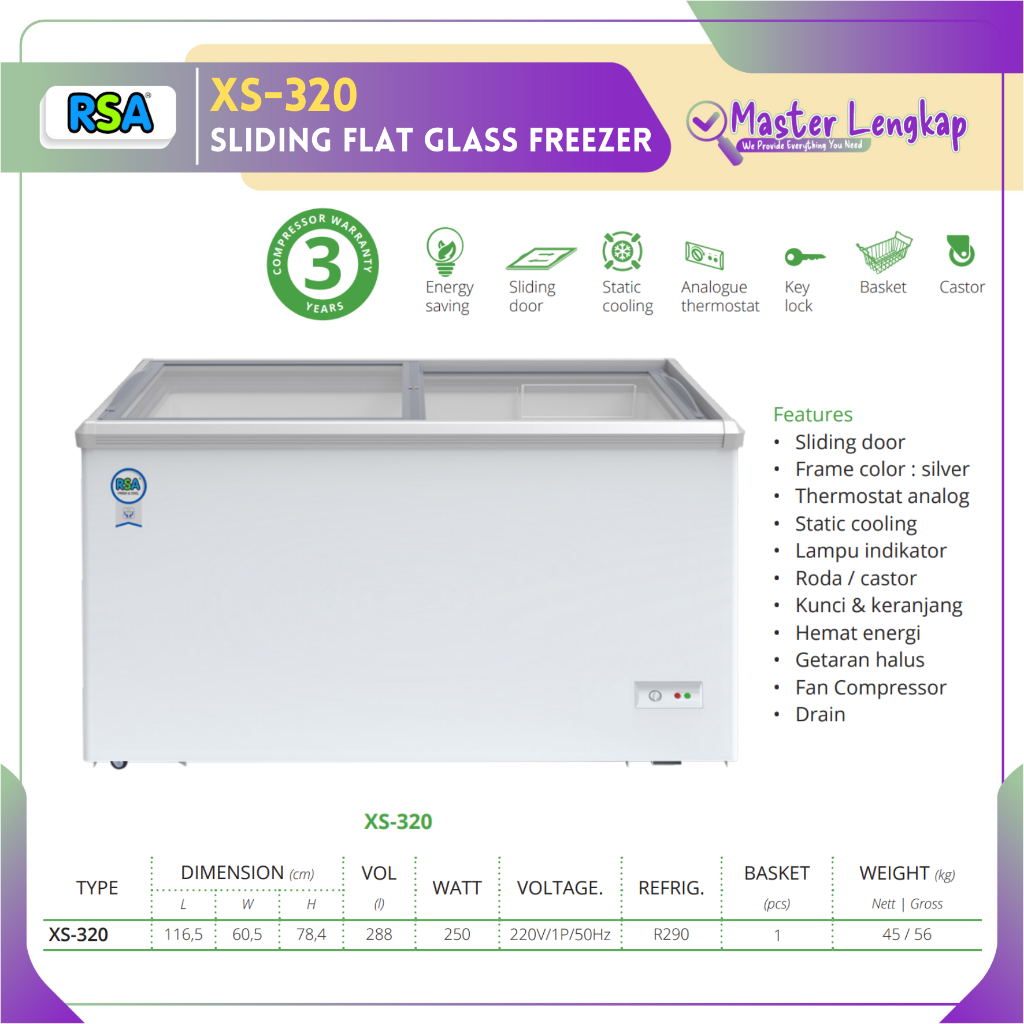 RSA SLIDING FLAT GLASS FREEZER XS-320 / XS320 / XS 320