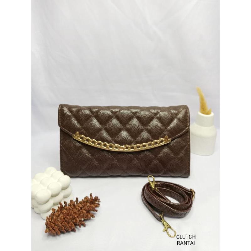 Clutch Rantai Coklat/ dompet tas wanita/ dompet tas clutch selempang tali panjang/ clutch rantai