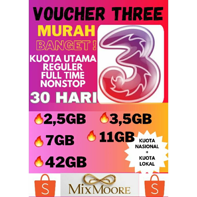 VOUCHER THREE TRI (3) PAKET DATA KUOTA INTERNET 30HARI REGULER  FULLTIME ISI ULANG SUPER MURAH 2.5GB