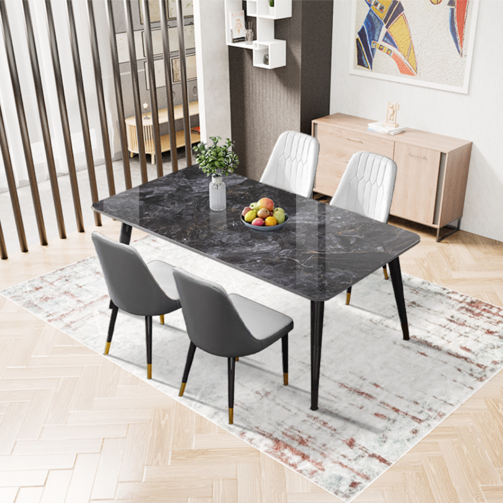 Set Meja Makan Batu Sinter Hitam Kursi Minimalis Putih