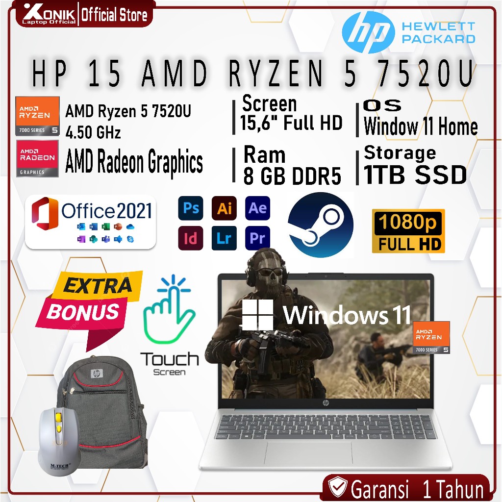 LAPTOP GAMING HP 15 RYZEN 5 7520U 8GB DDR5 1TB SSD FHD Touchscreen Silver