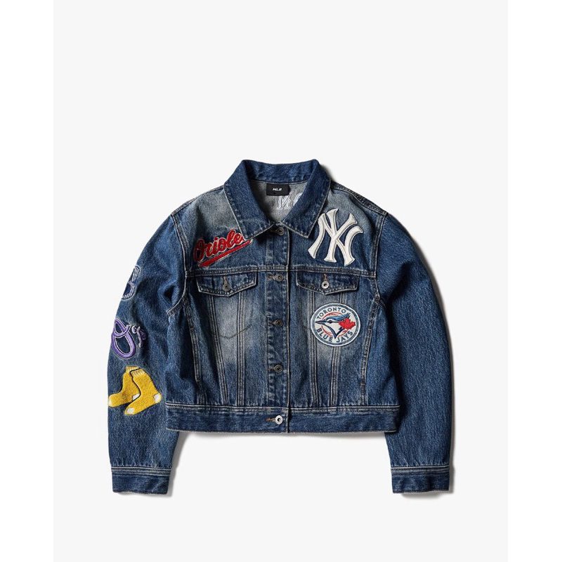 MLB - Waffen Patchwork Denim Jacket with Turn-down Collar and Long Sleeves Size S