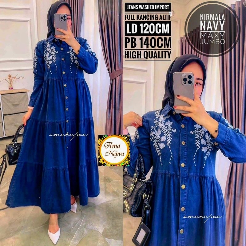 [COD] gamis jeans bordir super jumbo LD120 140 big size dress fit to XXXXL By Ama Najwa
