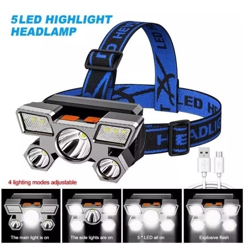 Headlamp Senter Kepala 5 LED Bisa Di Cas Ulang Terang Tahan Lama Dengan 4 Mode Cahaya Berbeda Sudah 