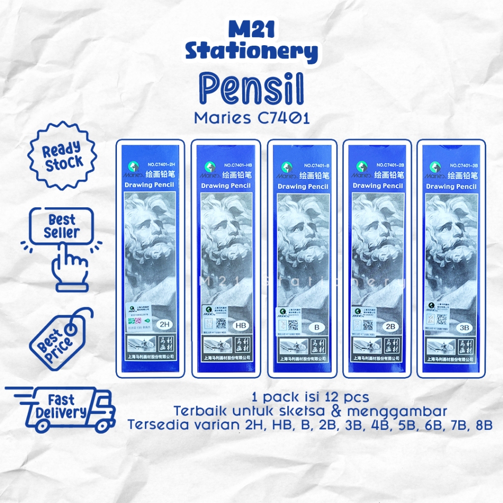 

(1 PCS) PENSIL MARIES C7401 / 2H, HB, B, 2B, 3B, 4B, 5B, 6B, 7B, 8B sketch pencil kayu arang pena original menulis graphite gambar menggambar sket anak alat tulis sekolah kuliah atk kantor stationery murah / m21 stationery jogja