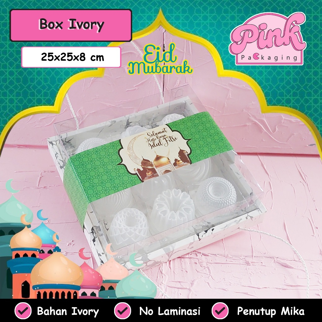 

Box Mika Tali Ivory Marmer 25x25x8 Kotak Transparan Dus Pie Cup Cake Puding Hampers Natal Idul Fitri