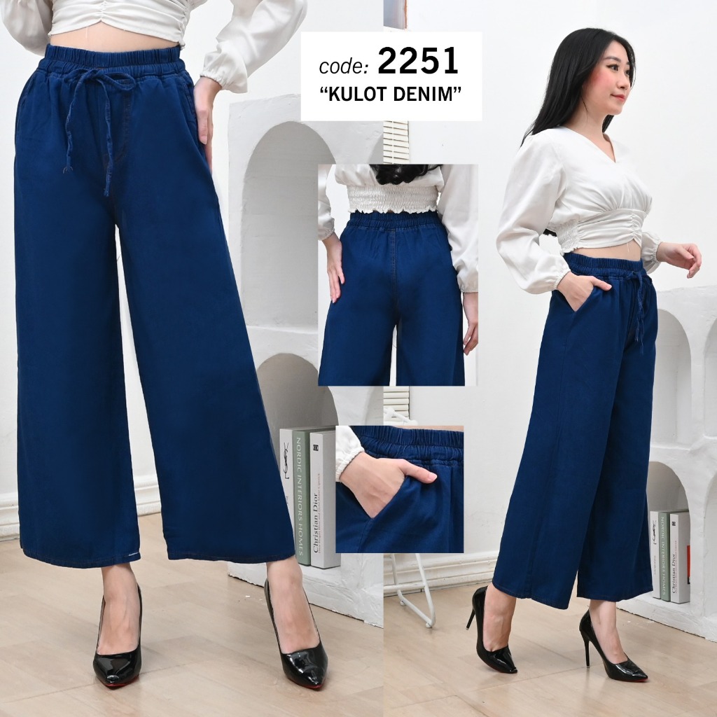 celana kulot demin cewe pinggang karet - celana kulot denim cewe