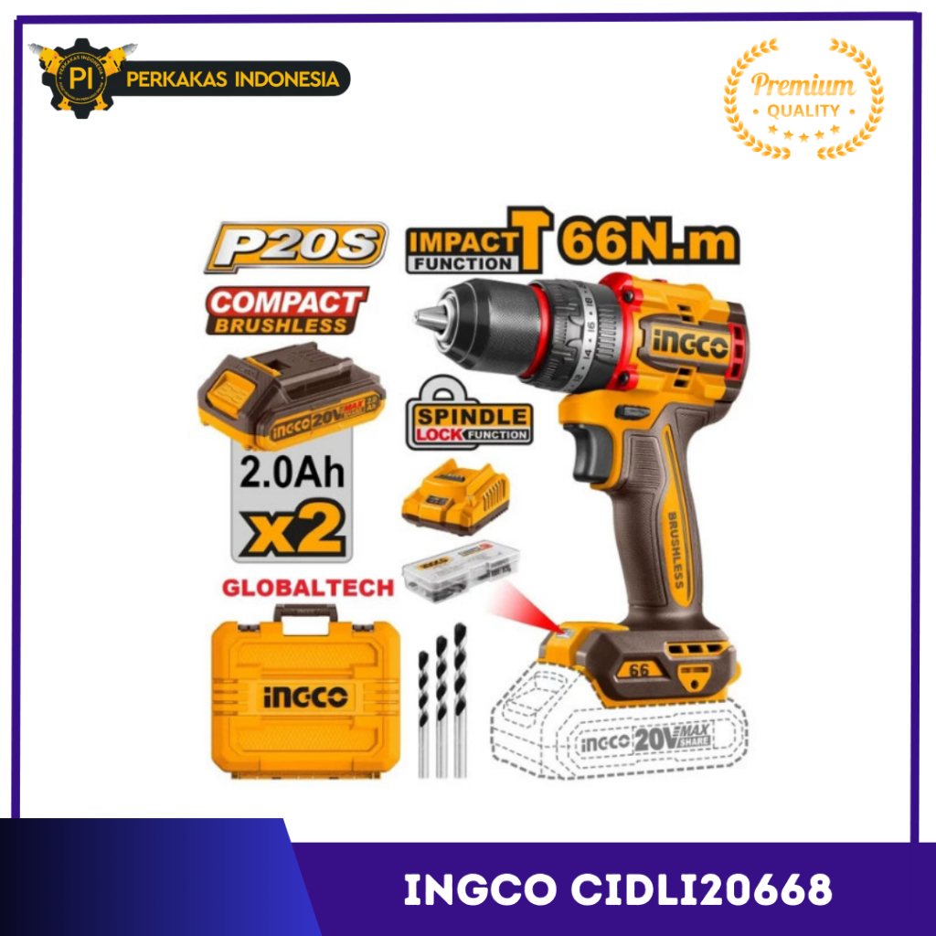 Mesin Bor Cordless INGCO 66Nm CIDLI20668 SET 20V BRUSHLESS Mesin Bor Portable Impact Hammer Drill Bo