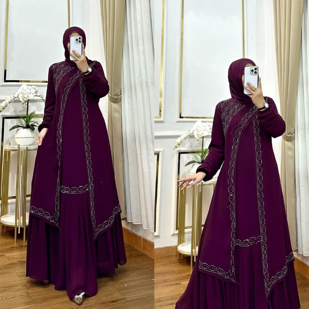 gamis warna burgundy premium latina dress pesta model 2025 baju lebaran renda terbaru kekinian