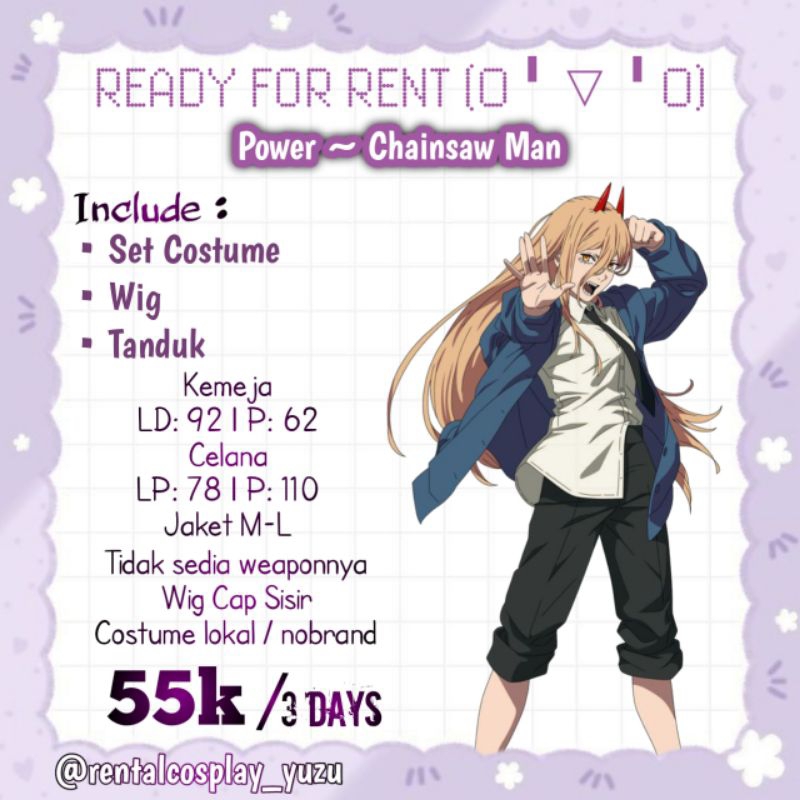 RENTAL SEWA POWER CHAINSAW MAN COSTUME COSPLAY ANIME KOSTUM