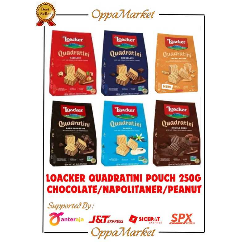 

LOACKER QUADRATINI WAFER IMPOR BIG POUCH CHOCOLATE/NAPOLITANER/PEANUT BUTTER 250GR