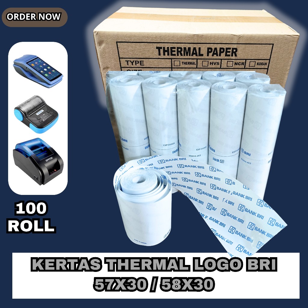 

100 ROLL KERTAS THERMAL LOGO BRI 57X30 / 58X30