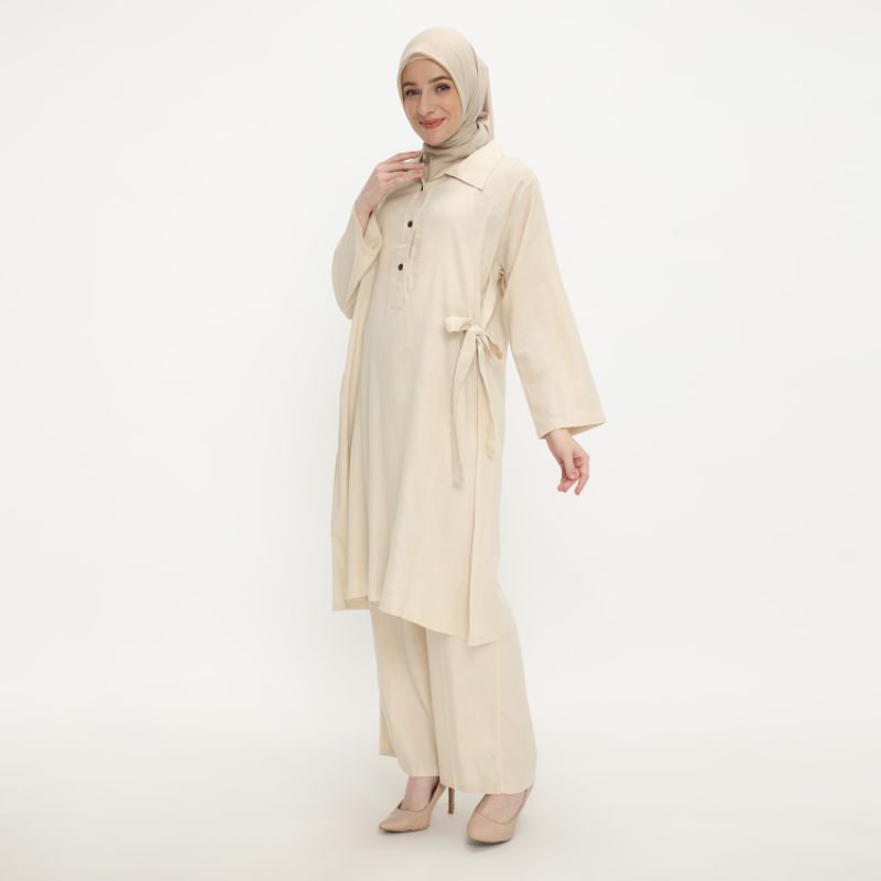Tunik tali samping  set celana linen premium