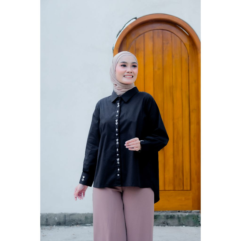 Aliva tunik berkerah rayon putih hitam coklat gold rayon by Mefy.Wear murah terkini 2025