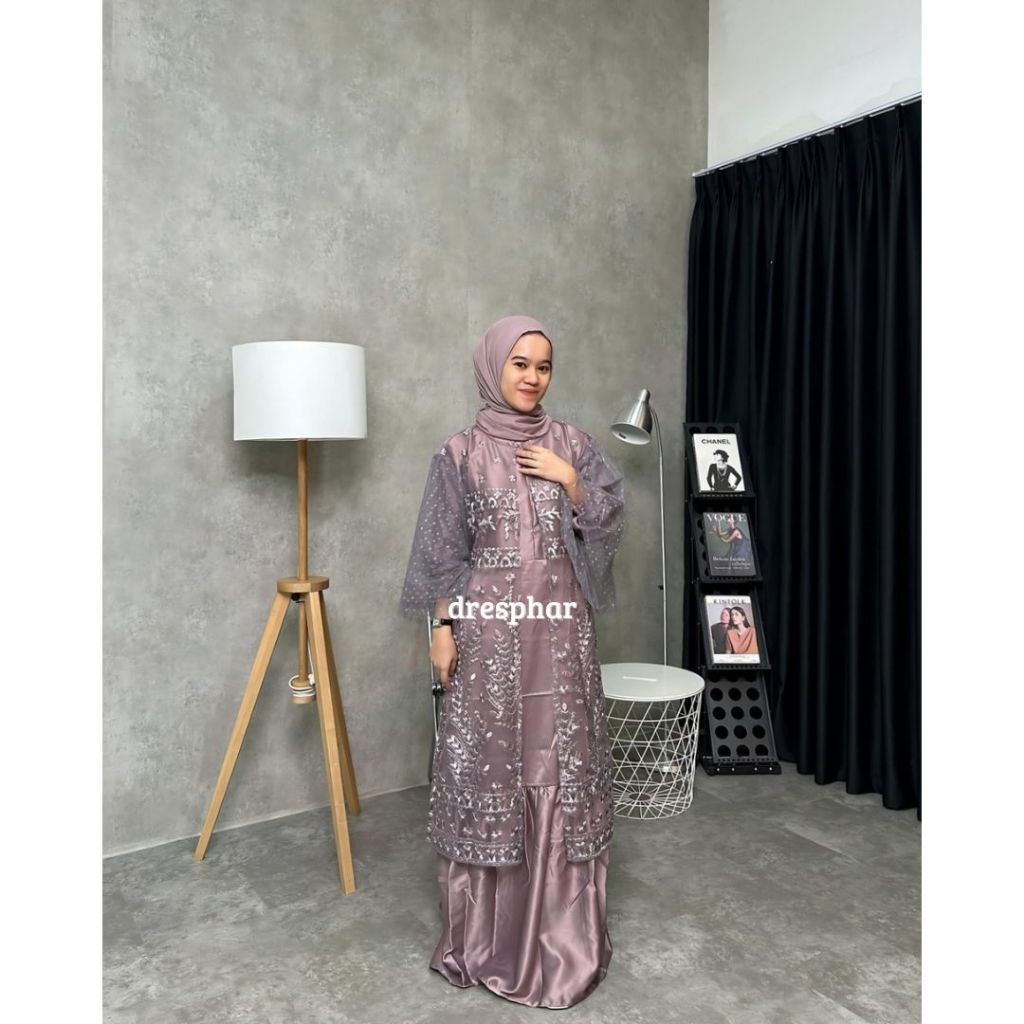 DEVINA DRESS ONE SET OUTER BRUKAT TILE GAUN KONDANGAN BUSANA LEMARAN PESTA BRIDESMAID LD 100 - 120 L