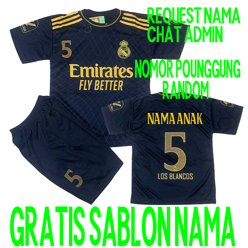 SETELAN ANAK BAJU CELANA BOLA REALMADRID HITAM/SETELAN BOLA ANAK REAL MADRID HOME 2022/2023