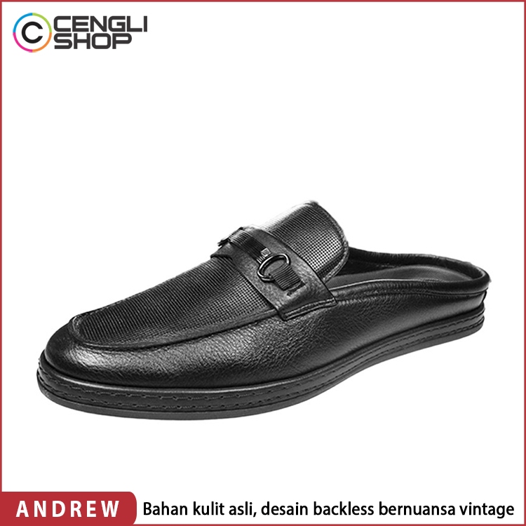 SEPATU SANDAL ANDREW PRIA ORIGINAL KULIT ASLI ORI SENDAL SLIP ON SLOP SELOP HITAM BLACK ANM01