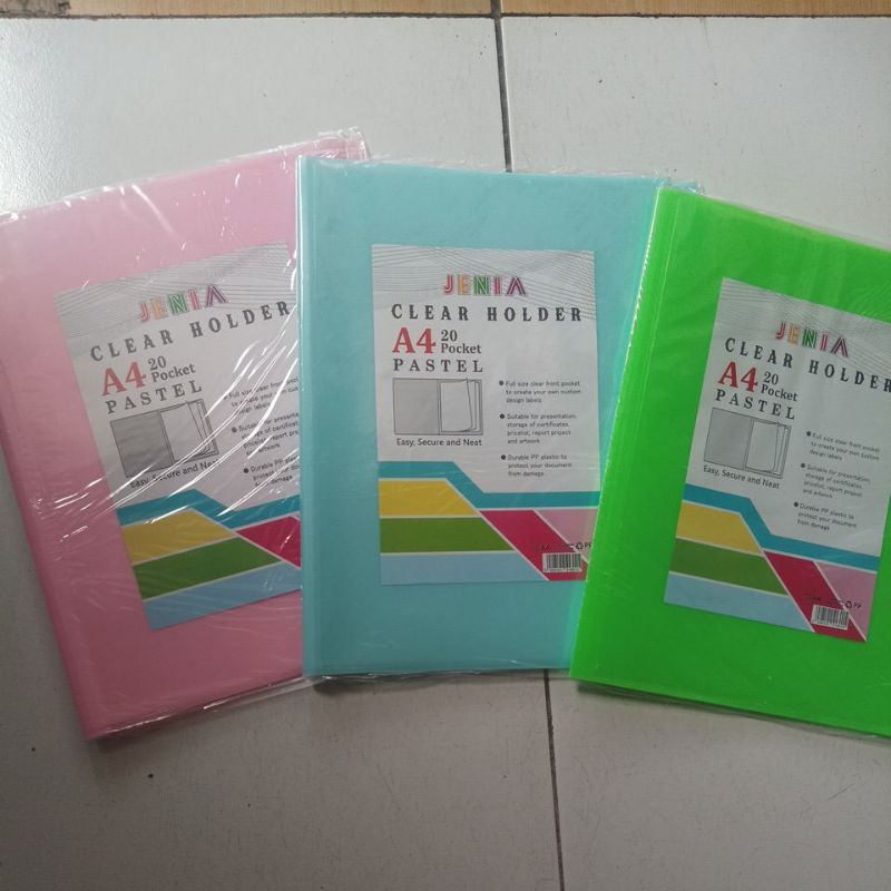 

clear holder a4 20lembar jenia. warna pastel. biru, pink, hijau. bisa ganti cover depan.