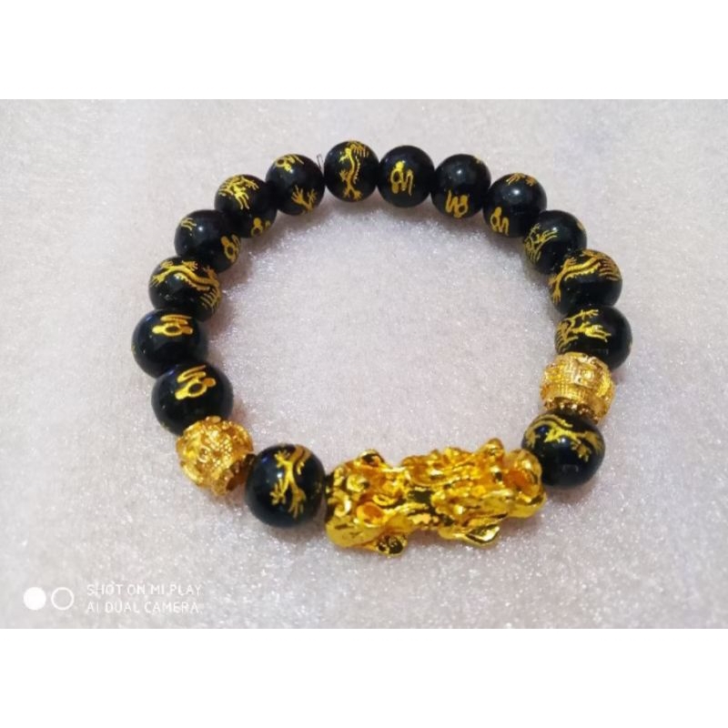 GELANG PIXIU BATU OBSIDIAN MOTIF NAGA EMAS HONGKONG