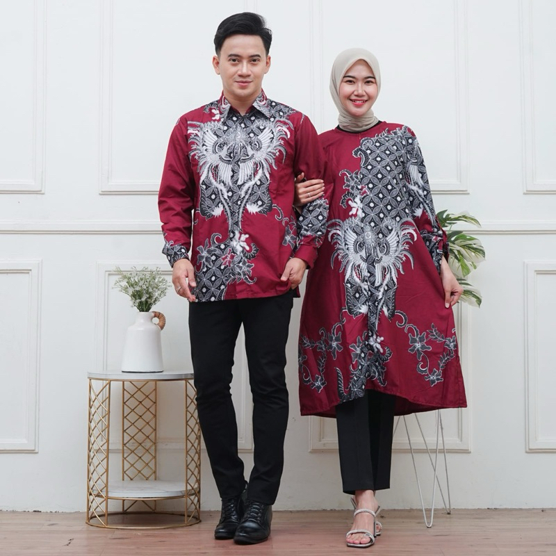 batik couple pria dan tunik dewasa,pria lengan panjang,tunik wanita panjang selutut,warna burgandy |