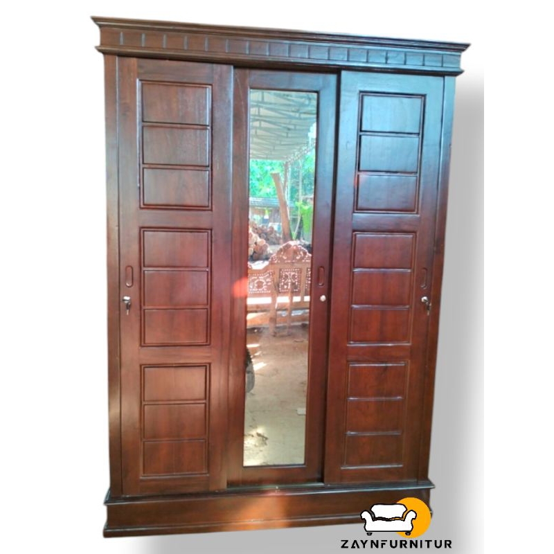 Lemari Pakaian Sliding Minimlis Pintu 3 Kayu Jati Jepara