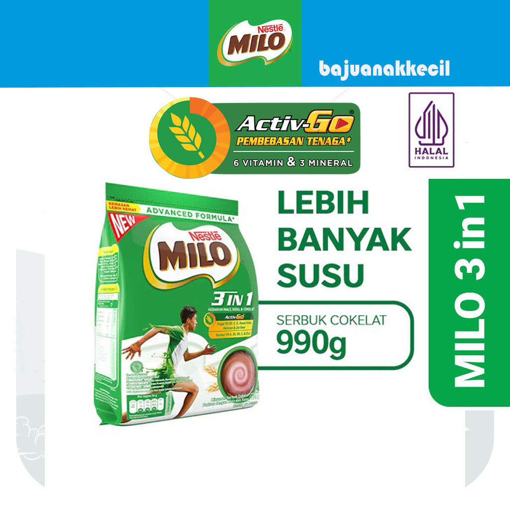 

Milo 3 in 1 Activ Go Susu Bubuk Coklat Pouch 990g Powder Milk Rasa Cokelat Nestle Lebih Banyak Susu