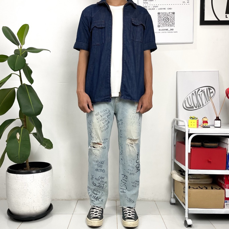 CELANA JEANS PANJANG PRIA Q-3 GC PAINTED RIPPED JEANS UNFINISH STRAIGHT FIT