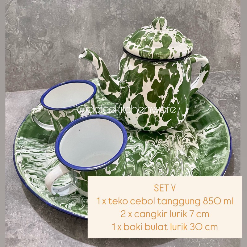 DOLCE Set Piring Cangkir Mangkok Mug Teko Baki Lurik Blirik Jadul Enamel Kaleng Seng