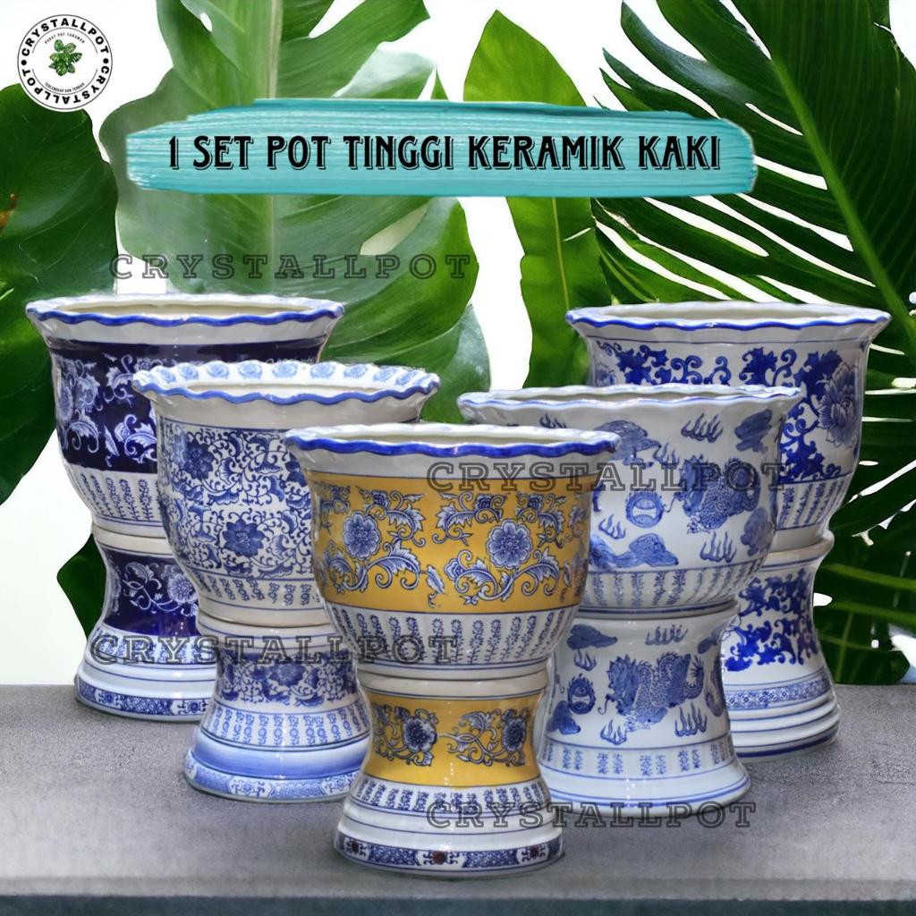 POT BUNGA TANAMAN TINGGI KERAMIK KAKI D40 T50 GLOSSY - 1 SET KERAMIK KAKI BESAR