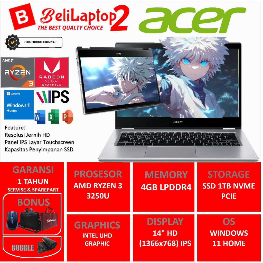 laptop touchscreen acer aspire spin 3 SP314 AMD RYZEN 3 3250U RAM 4GB SSD 1TB 14"Touchscreen