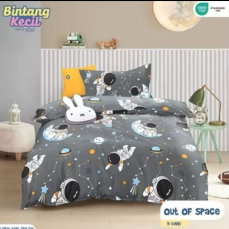 Sprei Homemade / Sprei Motif Out of Space Astronot Warna Biru dan Abu Bintang Kecil / Sprei Karakter