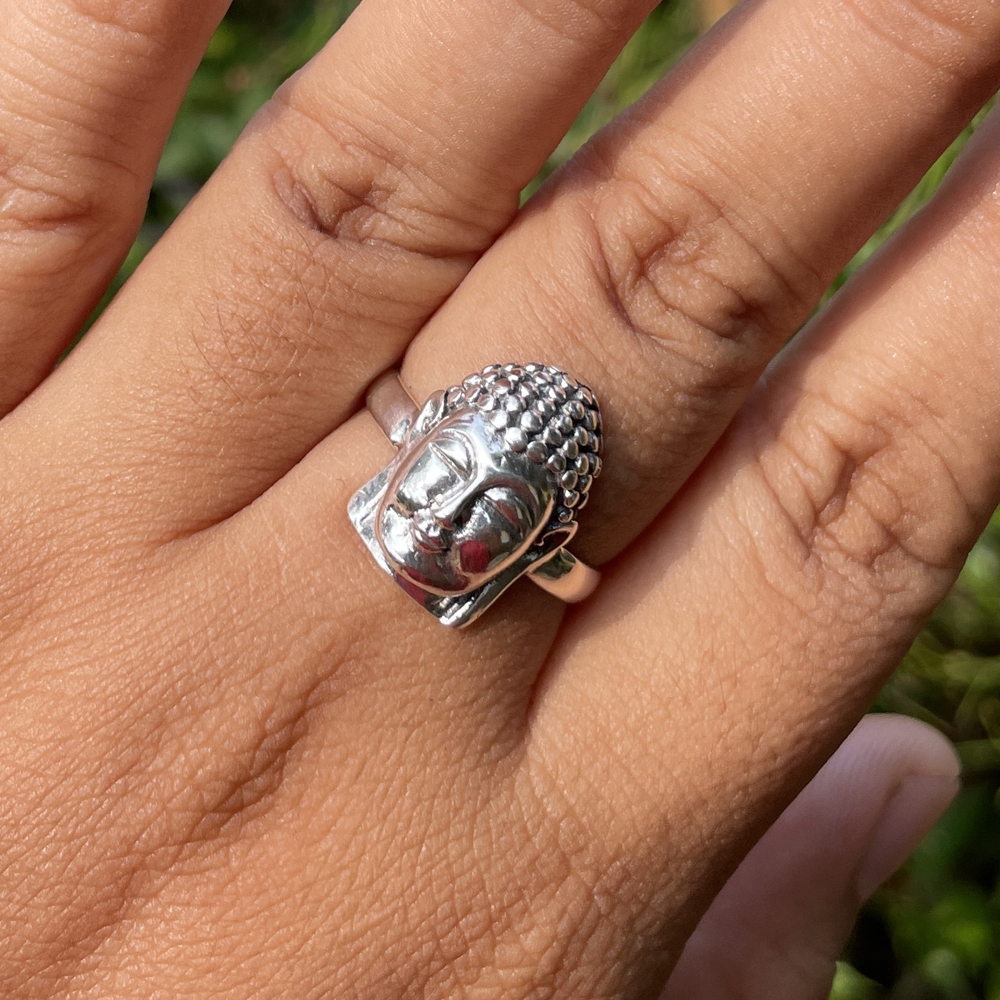 Cincin Ring Perak silver Bali Asli 925 Ukir Kepala Budha Buddha Wanita Pria Laki Custom Etnik