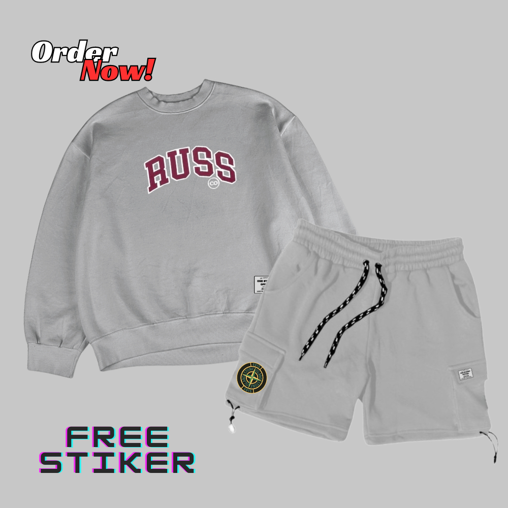 Russ.co Setelan Sweater Crewneck+Celana Pendek Cargo Fleece OneSet Stelan Cruneck Unisex Pria/Wanita