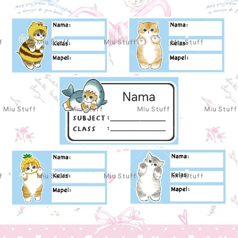 

PO 3 hari (Bentuk Kotak) Stiker Sticker Nama Anak untuk di tempel di buku tulis atau buku paket Pelajaran Gambar Kucing Gemoy Mofusand